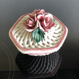 Vintage Italian Ceramic Reticulated Covered Dish  Pink/White